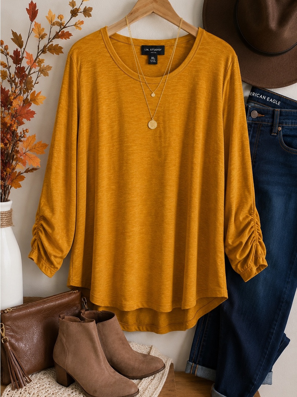 I.N. Studio Mustard Gold Tunic Top XL Ruched Sleeve Soft Knit